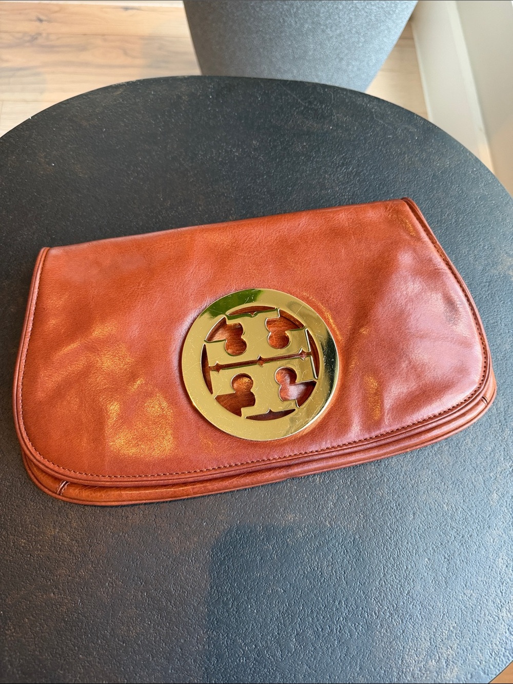 Tory Burch Copper Leather Logo Clutch with Gold Emblem